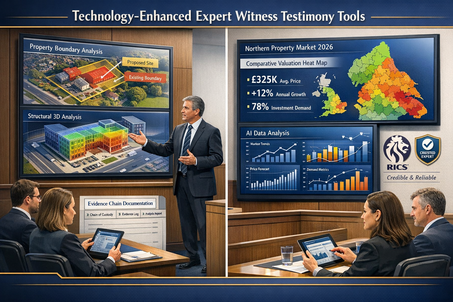 Landscape format (1536x1024) sophisticated infographic-style image displaying technology-enhanced expert witness testimony tools: split-scre