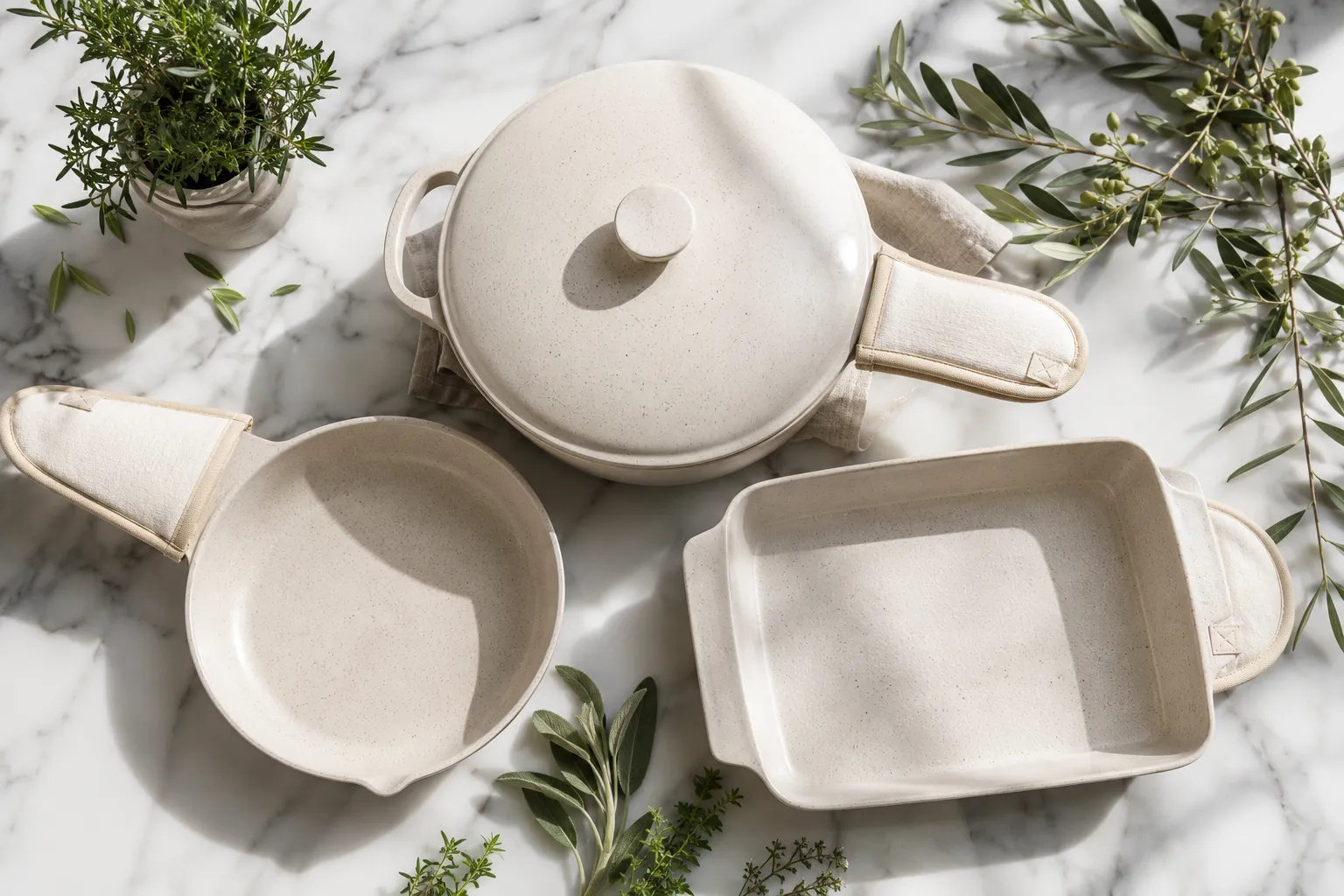 Shop Deals on Xtrema Ceramic Cookware Set Bright editorial flat-lay photograph (1536x1024), top-down overhead view of Xtrema pure ceramic cookware pieces on a white marble surface in natural daylight: a 5-quart pan with lid, a ceramic skillet, and a baking dish arranged in a triangular composition, organic cotton handle protectors visible, warm studio lighting, crisp shadows, Pinterest-worthy food-photography style, no text overlays, clean and minimal aesthetic with sage green herb sprigs as props. Xtrema Ceramic Cookware Set