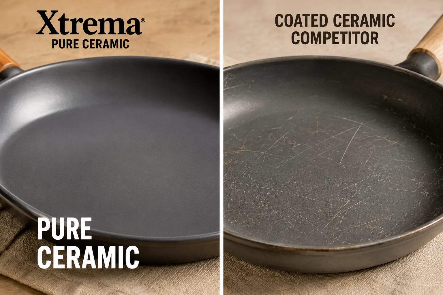 Shop Deals on Xtrema Ceramic Cookware Set Split-screen editorial image (1536x1024): left half shows a close-up of smooth, chip-free Xtrema pure ceramic skillet surface under bright studio light with the label 'Pure Ceramic' in 4 bold words; right half shows a competing coated ceramic pan with visible surface wear and scratches under the same lighting. High-contrast comparison, warm neutral background, magazine-quality product photography, no tables or pricing grids, visually communicates durability difference. How Does Xtrema Compare to Caraway, Our Place, and Other Ceramic Brands?
