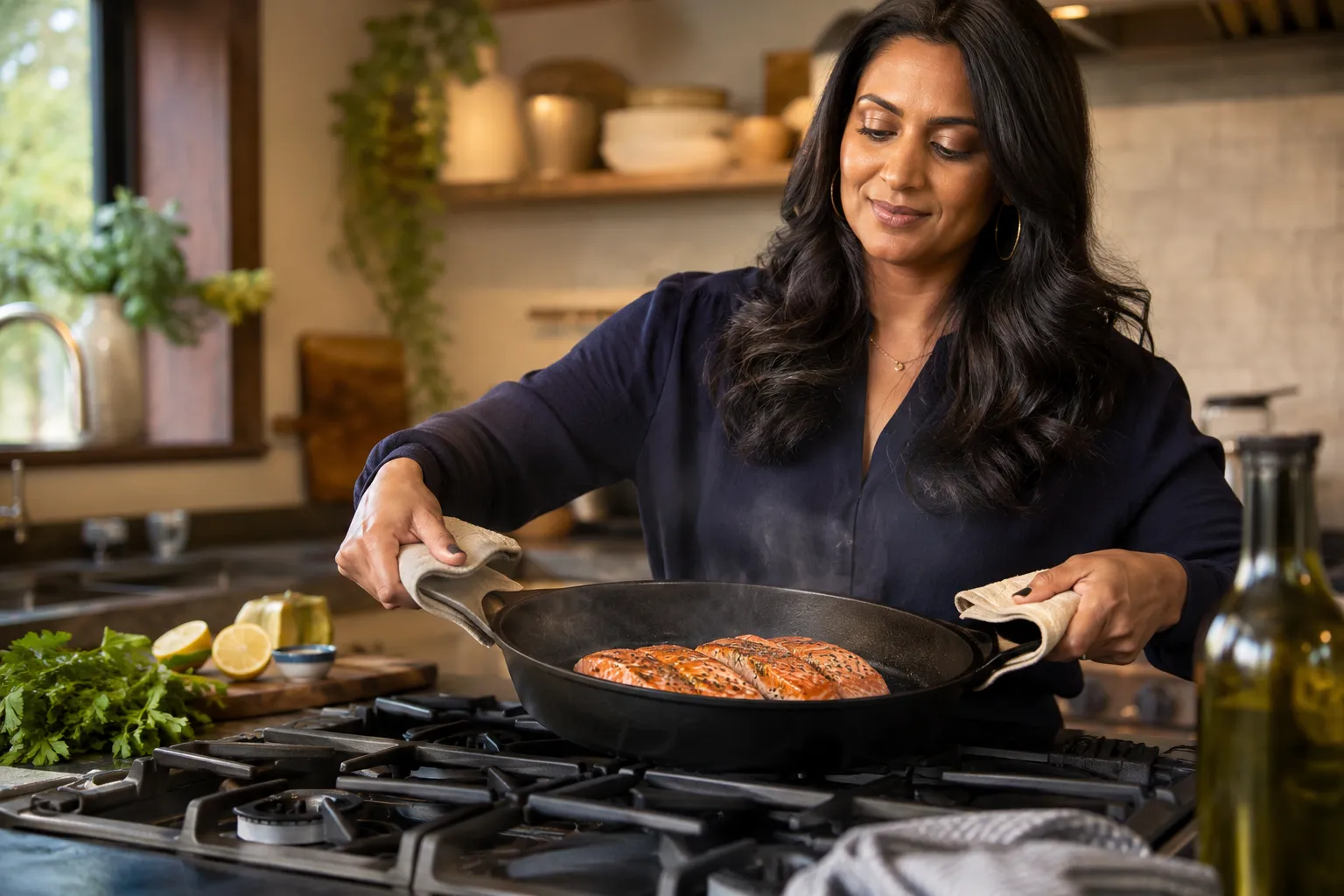 Shop Deals on Xtrema Ceramic Cookware Set Cinematic editorial photograph (1536x1024) of a confident home cook — a woman of South Asian descent, mid-30s — standing at a modern kitchen stove, holding an Xtrema ceramic pan with organic cotton handle protectors, pan-searing salmon fillets, steam rising naturally, warm golden kitchen light, shallow depth of field on the cookware, professional food-editorial color grade, lifestyle magazine aesthetic, no text overlays. How to Shop Deals on Xtrema Ceramic Cookware Set: Price Comparison and Best Value