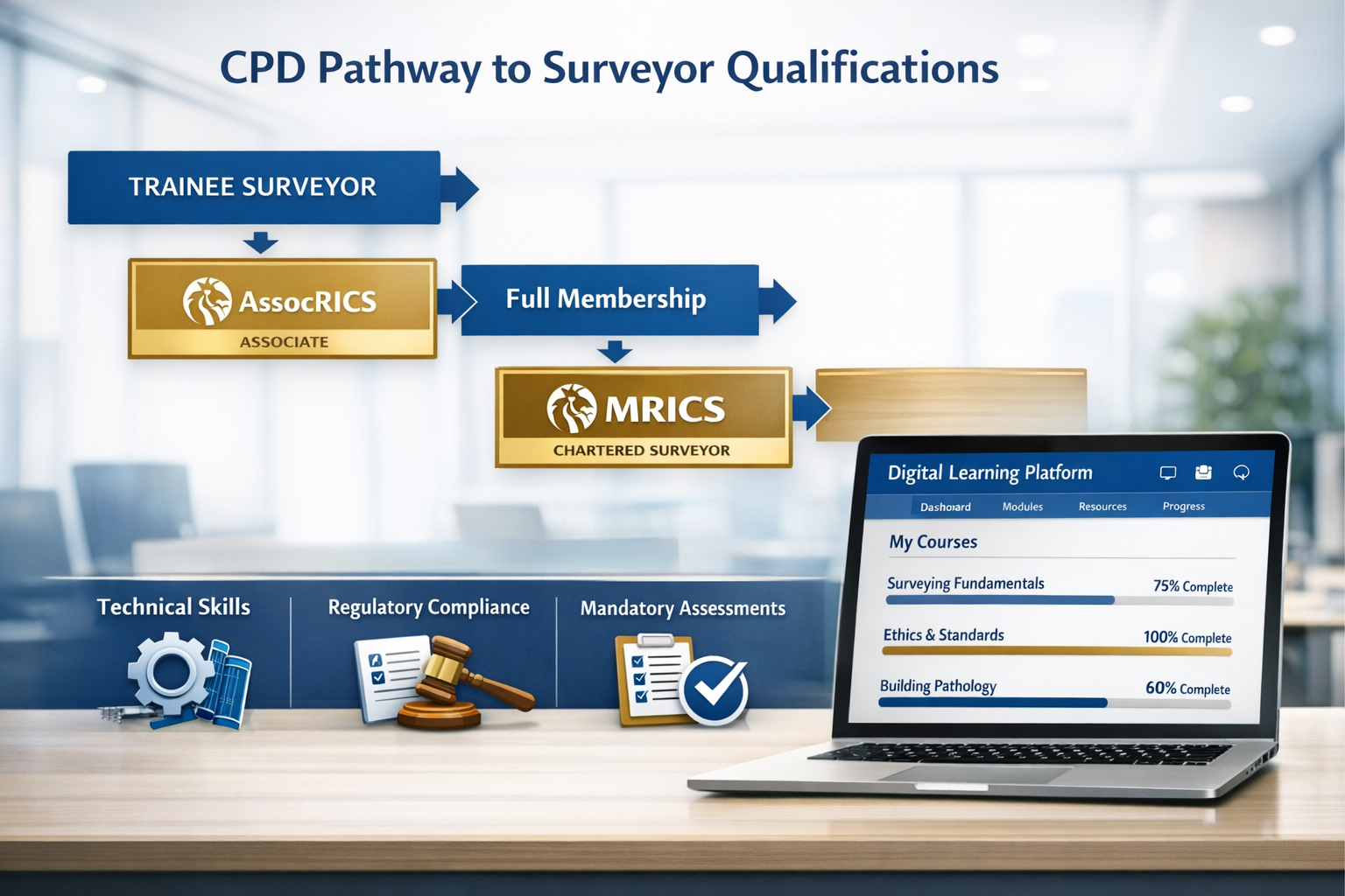Professional () infographic-style image displaying CPD pathway flowchart for surveyor qualifications, showing progression