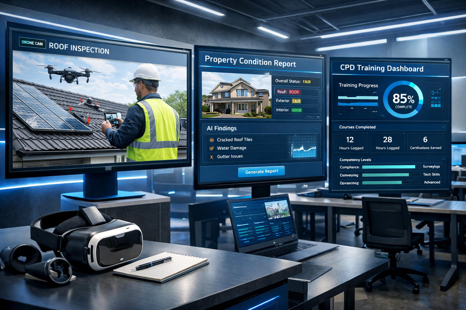 Detailed () image showing futuristic surveying technology integration, AI-powered assessment software interface showing