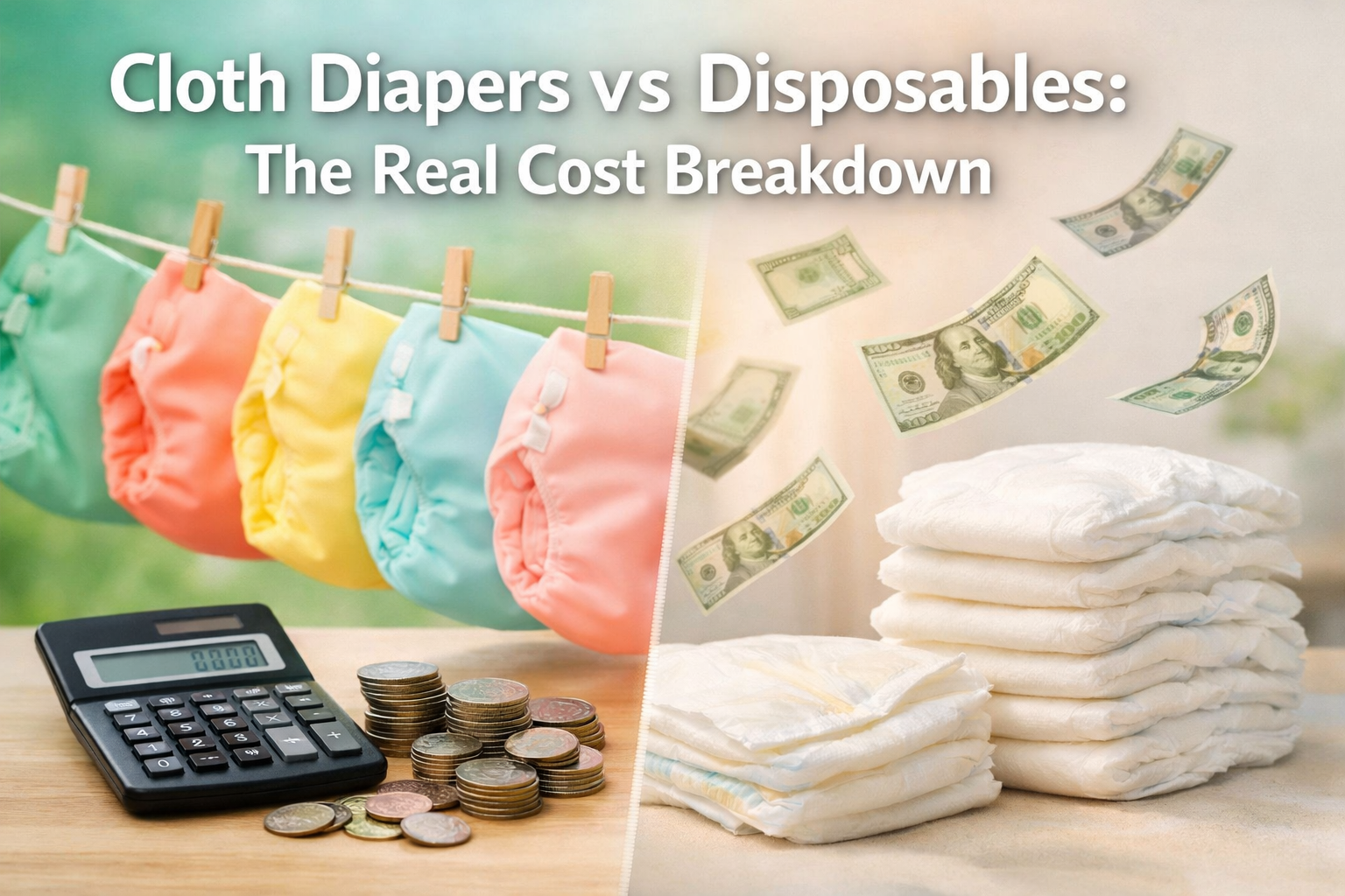 Professional landscape hero image (1536x1024) featuring bold text overlay 'Cloth Diapers vs Disposables: The Real Cost Breakdown' in extra l