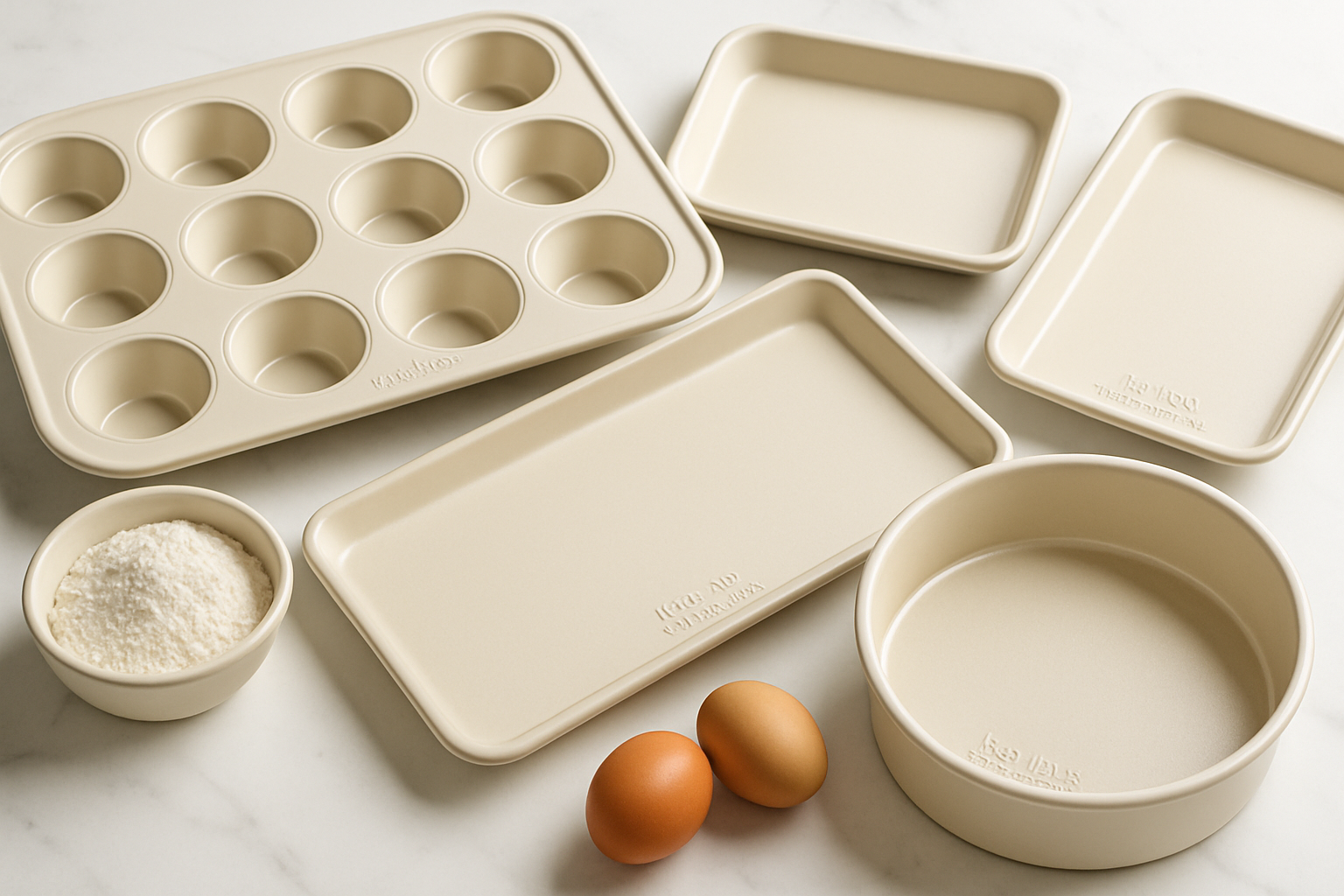 Detailed landscape image (1536x1024) showcasing USA Pan's vanilla-colored ceramic bakeware pieces including muffin pan, sheet pans, and cake