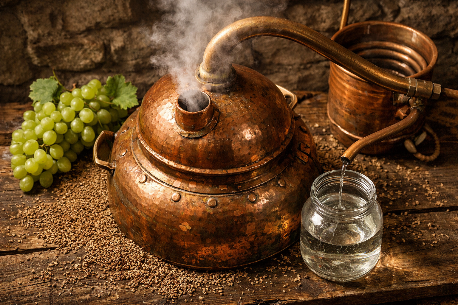 Traditional copper alembic still used for raki distillation