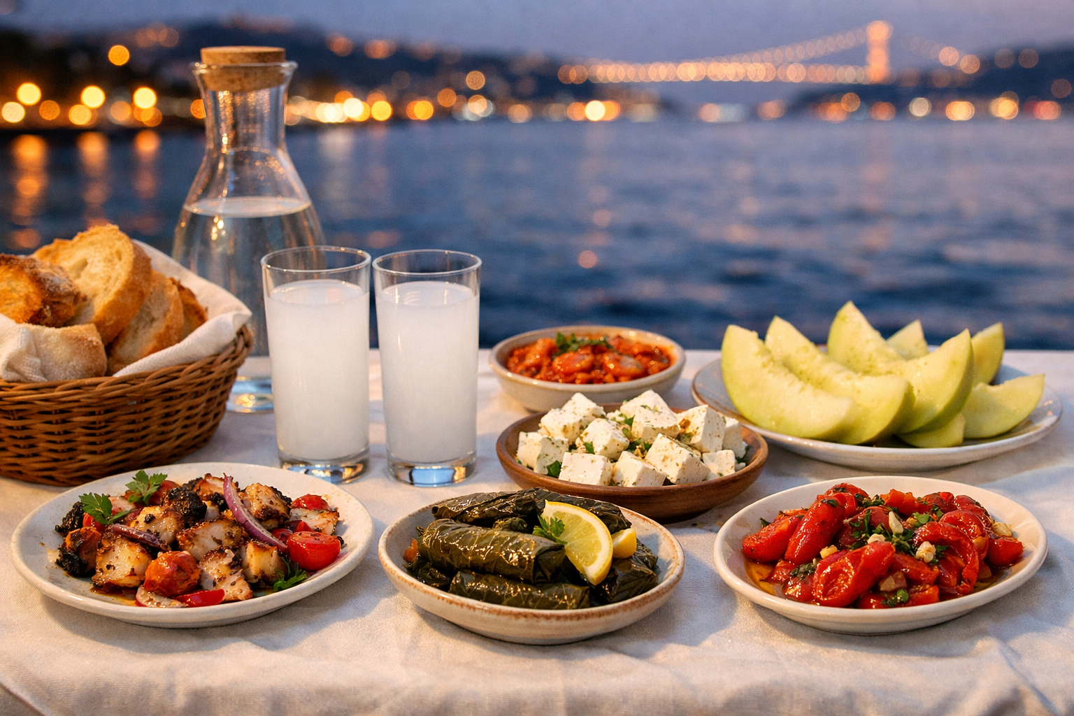 Traditional Turkish meze spread to enjoy with raki