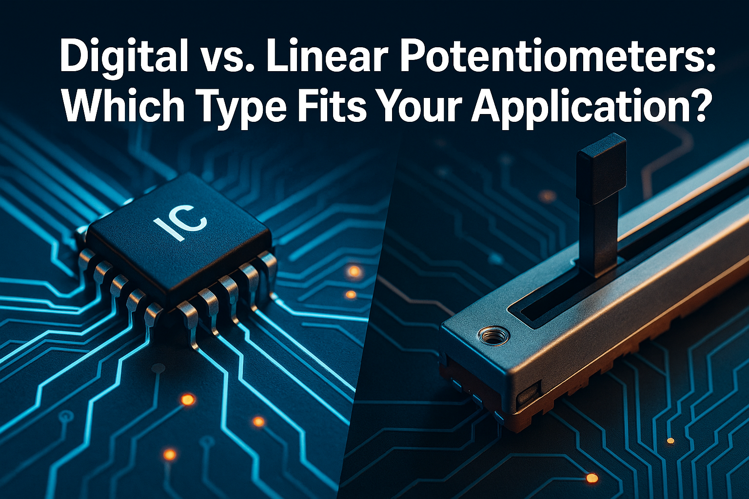Professional landscape hero image (1536x1024) featuring bold text overlay 'Digital vs. Linear Potentiometers: Which Type Fits Your Applicati
