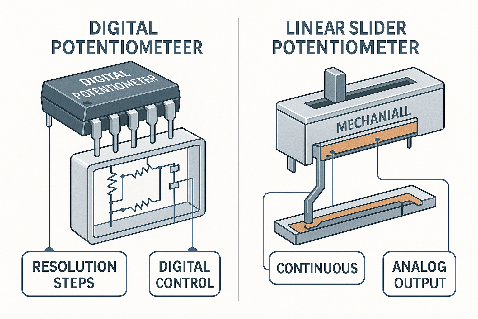Technical comparison infographic showing digital potentiometer IC chip alongside linear slider potentiometer, with cutaway views revealing i