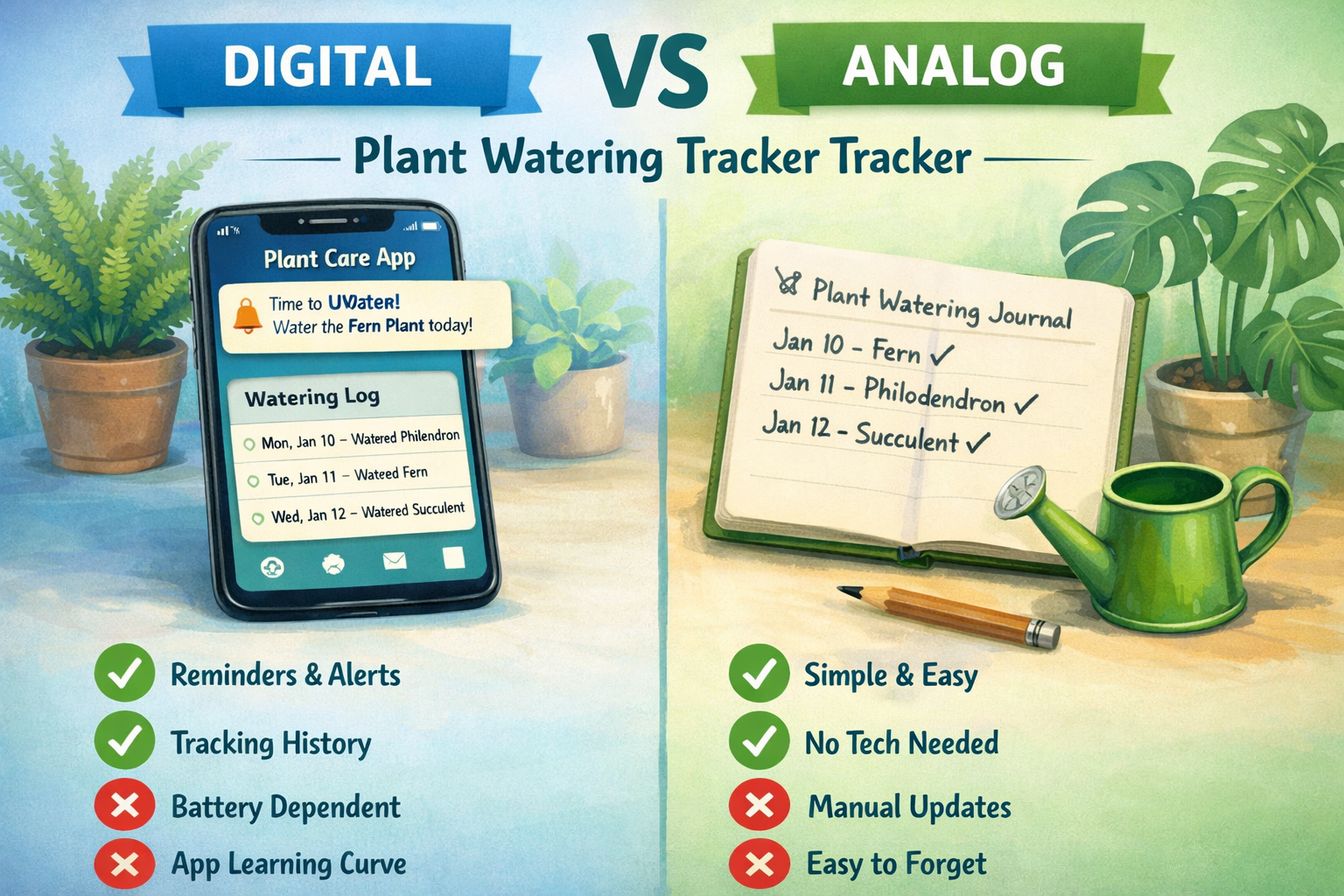 A visually engaging infographic in () comparing digital and analog indoor plant watering schedule tracker methods. On one