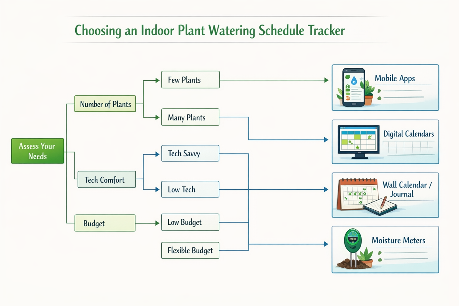 A clean,' 'Tech Comfort,' and 'Budget,' leading to recommended tracker types (e.g., apps, calendars, moisture meters).