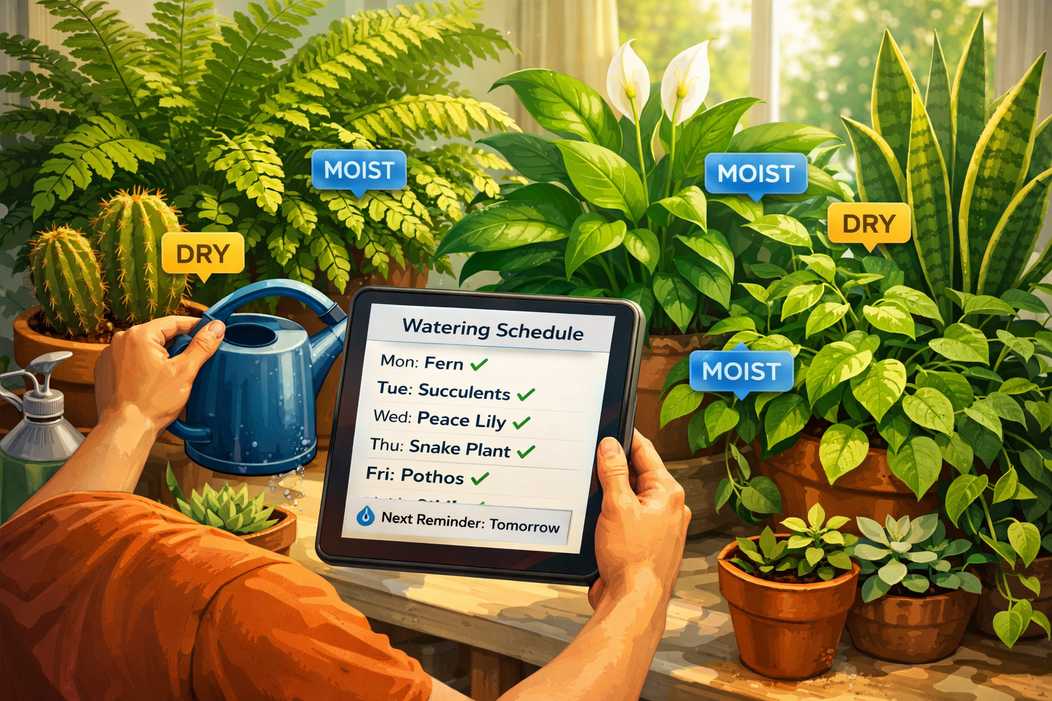 A vibrant, detailed illustration in () showing a person successfully watering various indoor plants, looking at a digital
