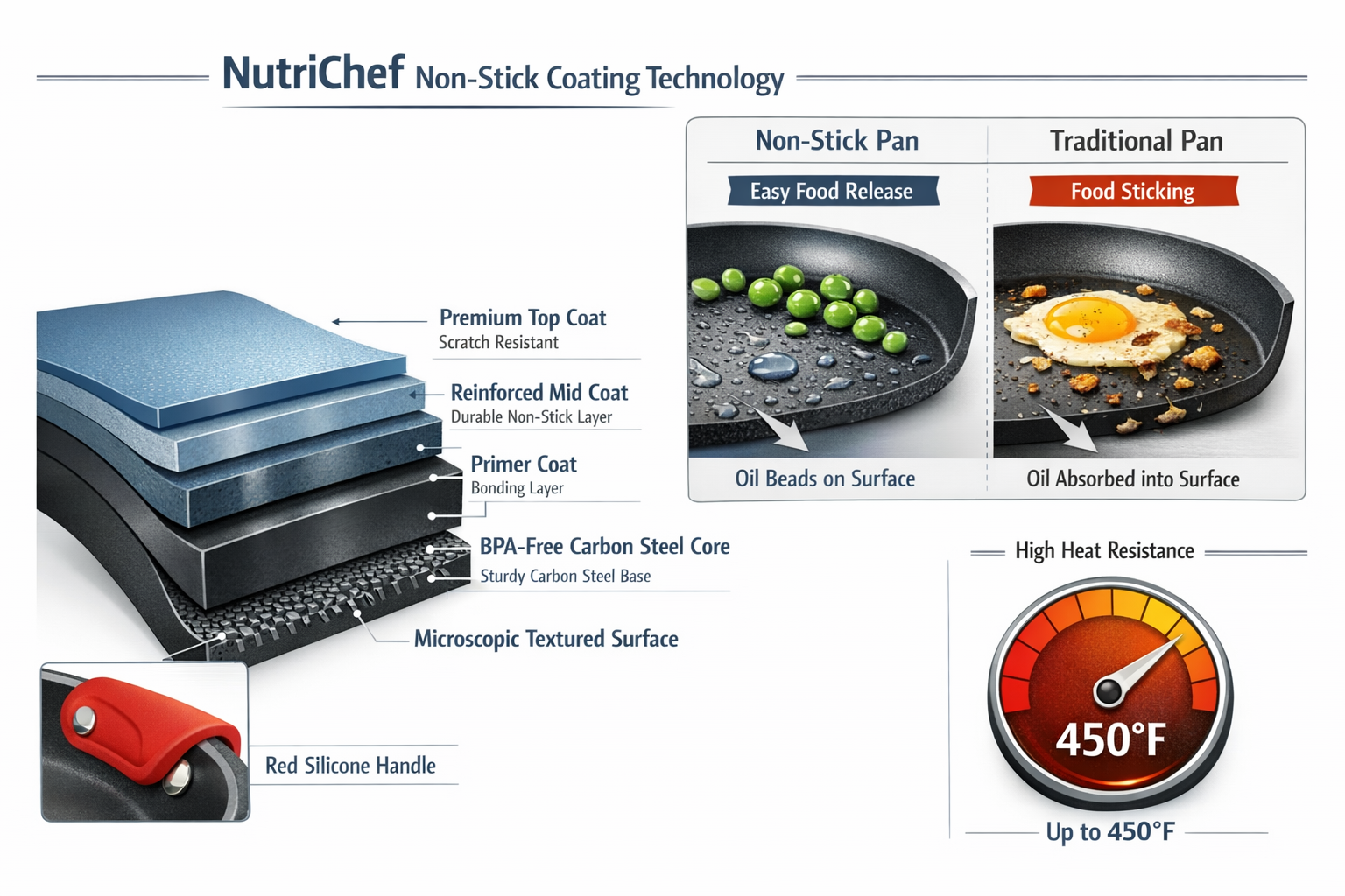 Landscape format (1536x1024) detailed technical illustration showing cross-section diagram of Nutrichef non-stick coating technology on carb
