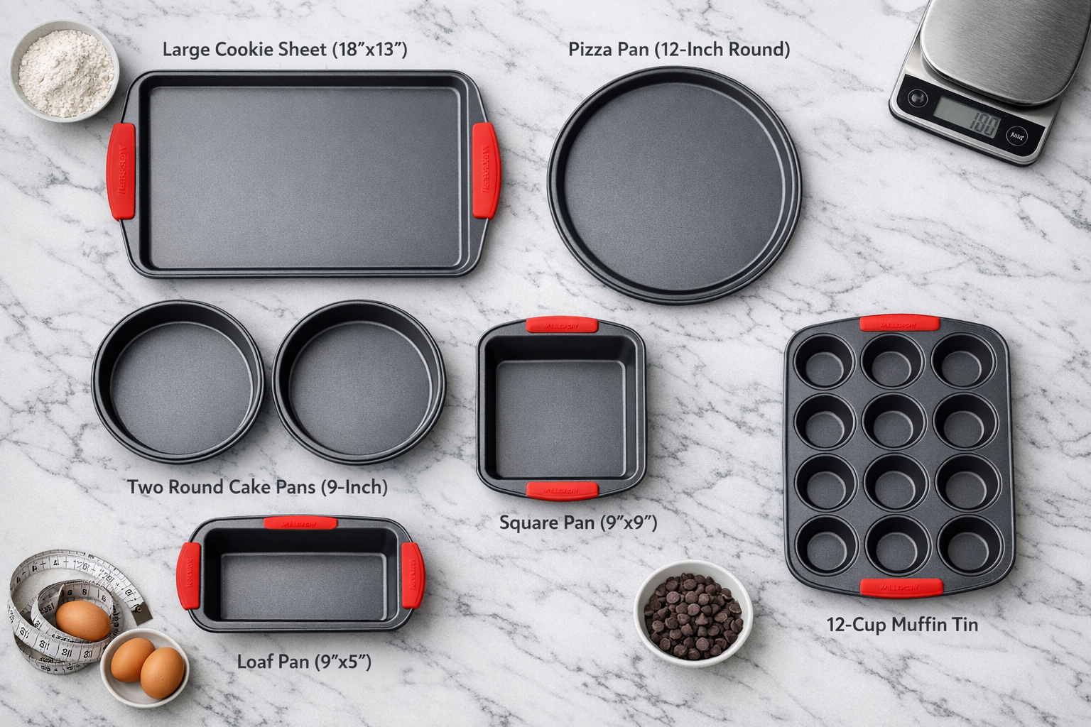 Landscape format (1536x1024) overhead flat-lay composition showing complete 8-piece Nutrichef baking pan set arranged systematically on whit