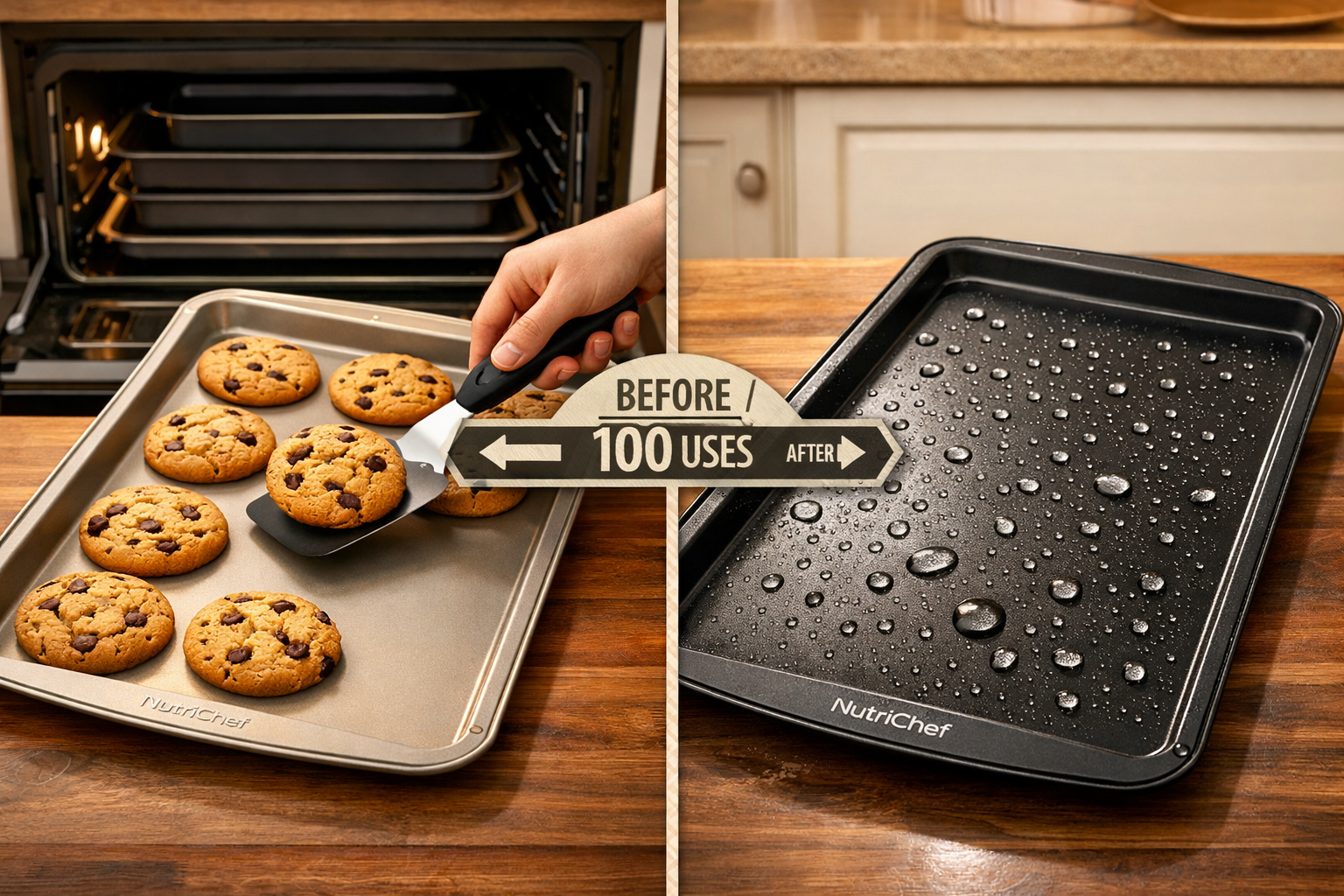 Landscape format (1536x1024) split-screen comparison image showing Nutrichef baking pans performance testing. Left side: pristine cookie she