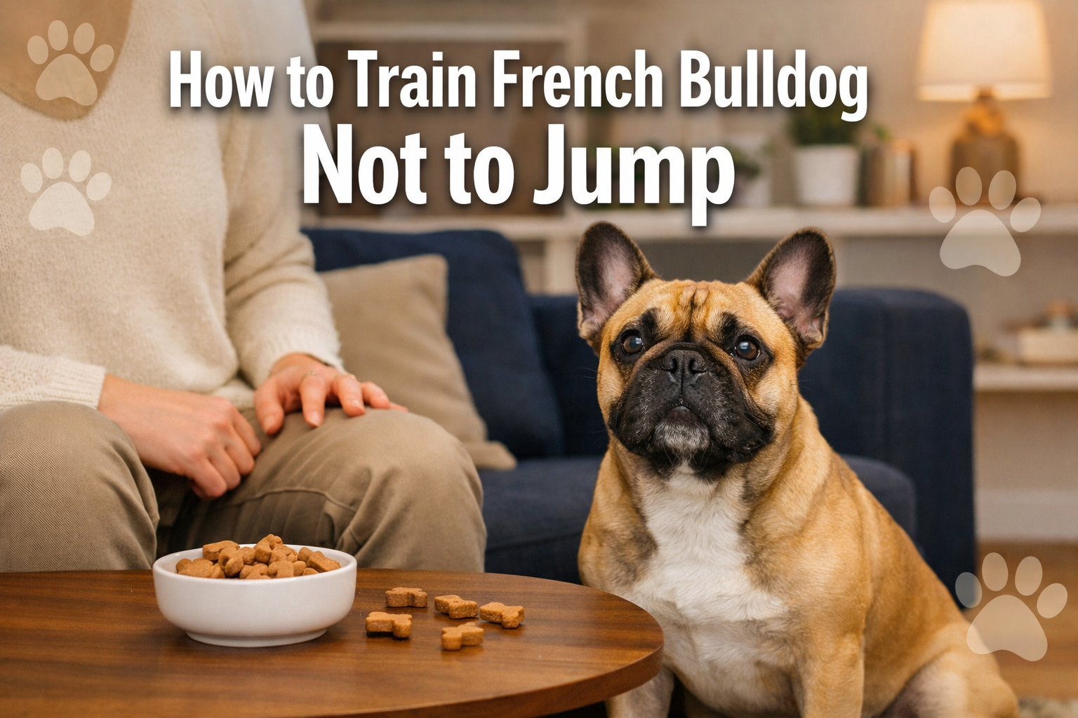 Professional landscape format (1536x1024) hero image featuring bold text overlay 'How to Train French Bulldog Not to Jump' in extra large 72