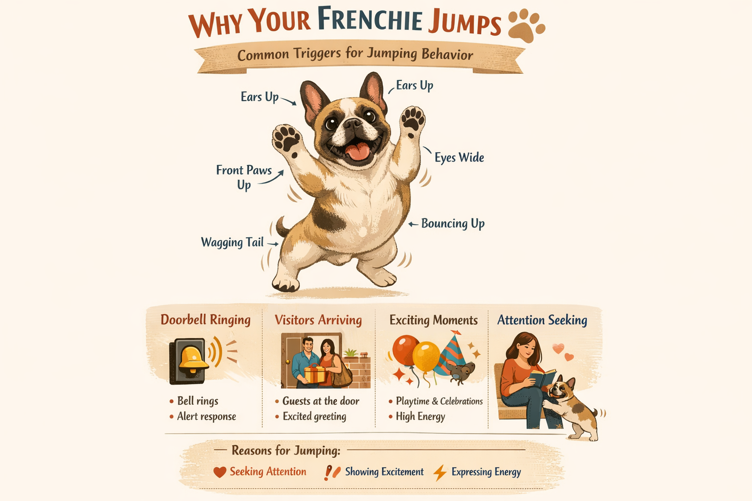 Portrait format (1024x1536) infographic showing French Bulldog jumping behavior triggers with illustrated icons: doorbell ringing, visitors 