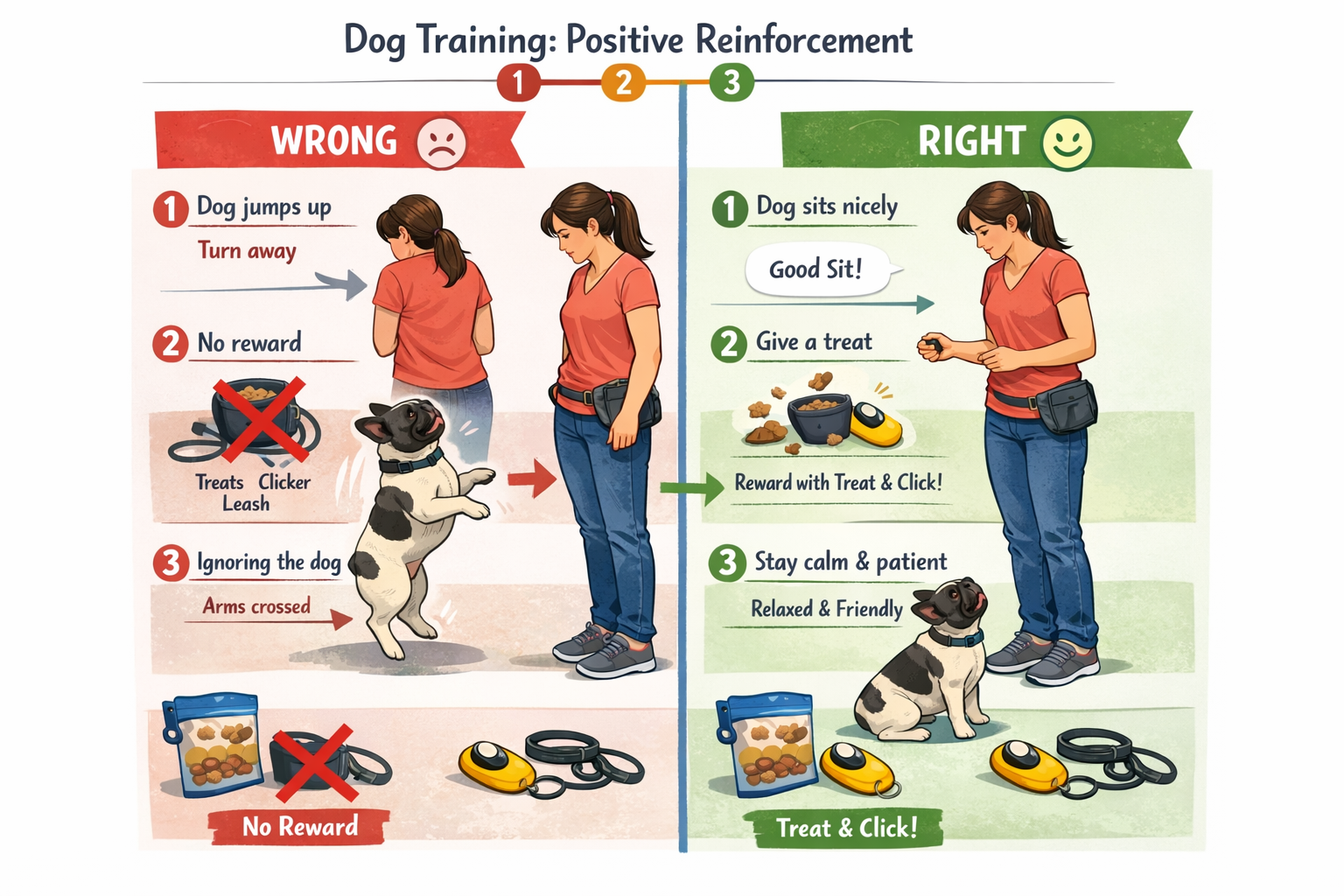 Portrait format (1024x1536) step-by-step training demonstration showing French Bulldog owner using positive reinforcement techniques. Split-