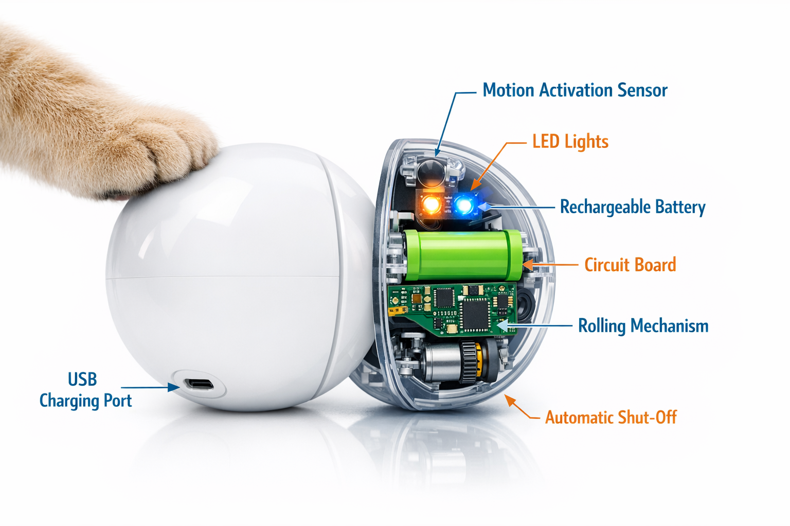 Detailed editorial photograph (1536x1024) showing close-up cutaway technical diagram of interactive cat ball revealing internal components: 