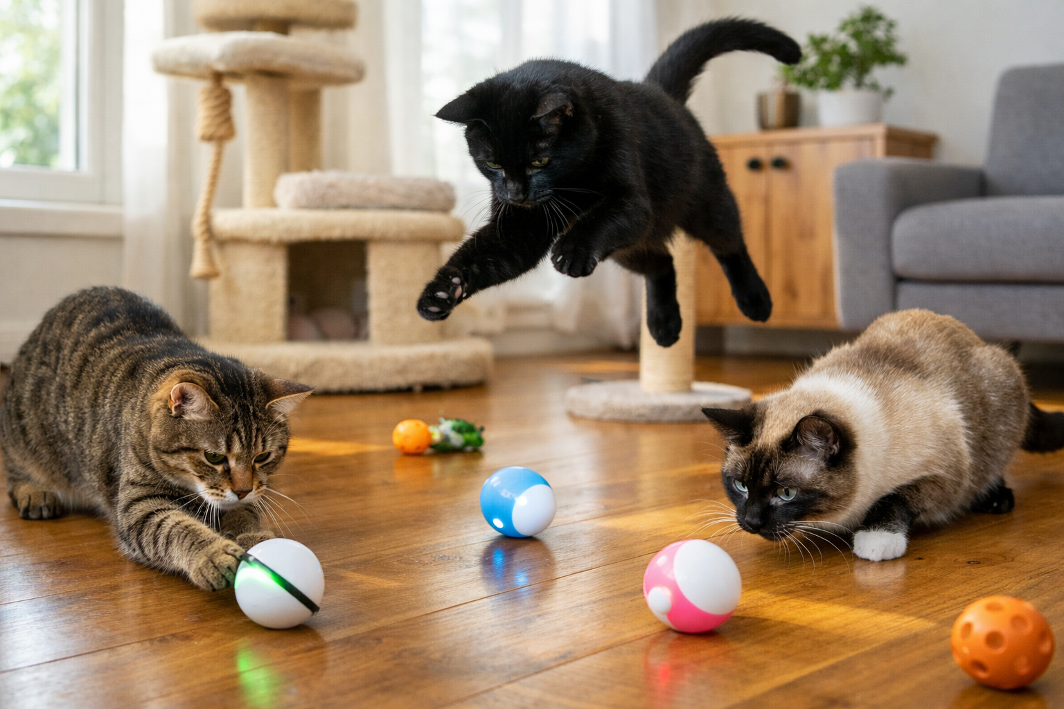Lifestyle photograph (1536x1024) depicting happy indoor cats of various breeds (tabby, siamese, black cat) actively engaged with automatic c