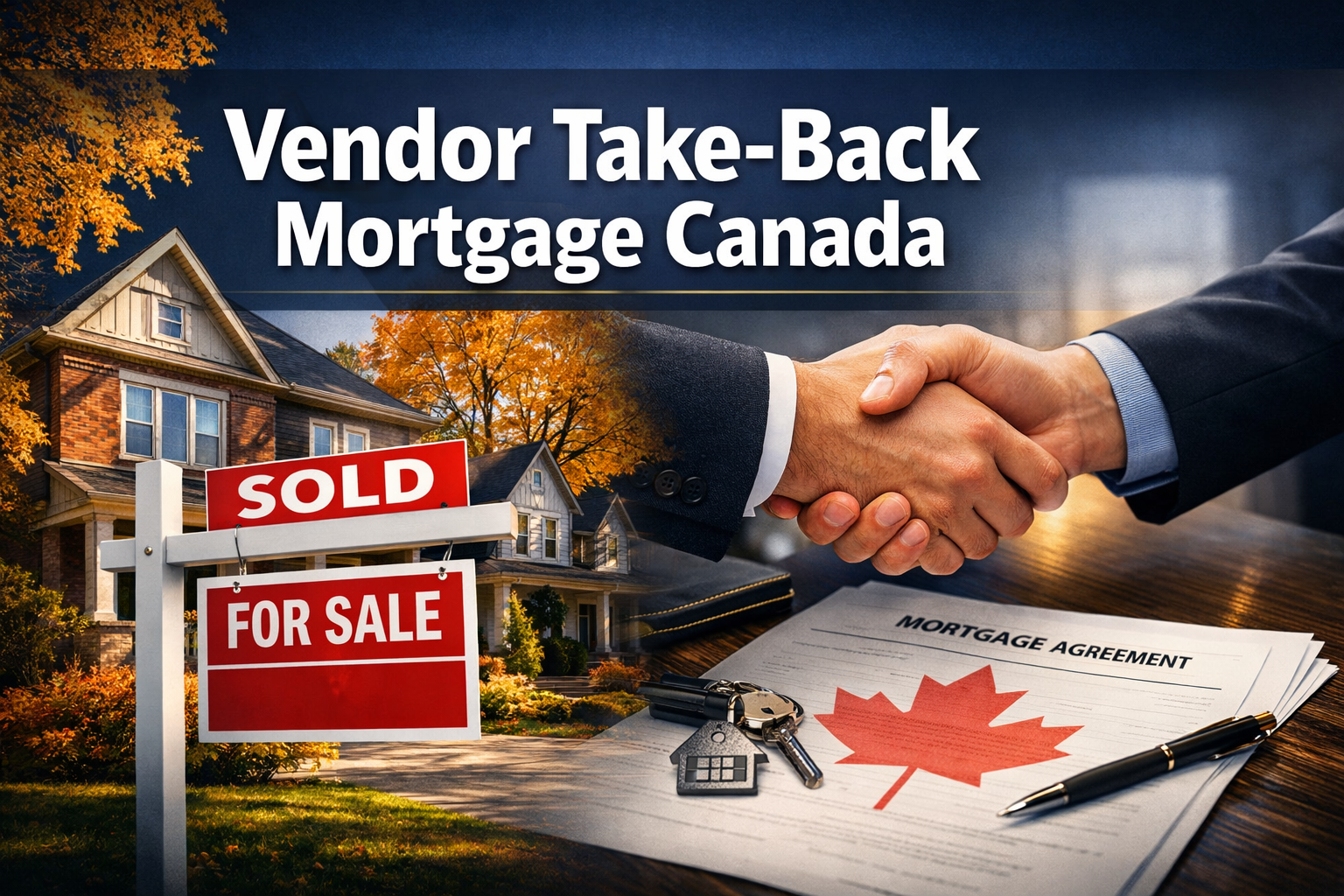 Professional () hero image with : 'Vendor Take-Back Mortgage Canada' in extra large white with dark drop , centered