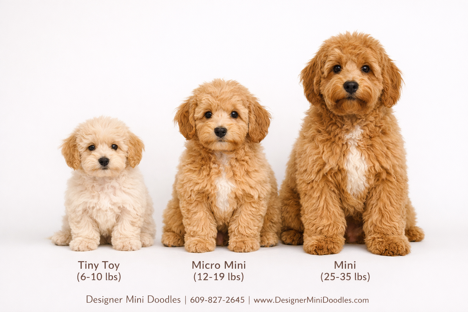 () editorial image showing a side-by-side size comparison of three goldendoodle puppies: tiny toy size (6-10 lbs) on left,