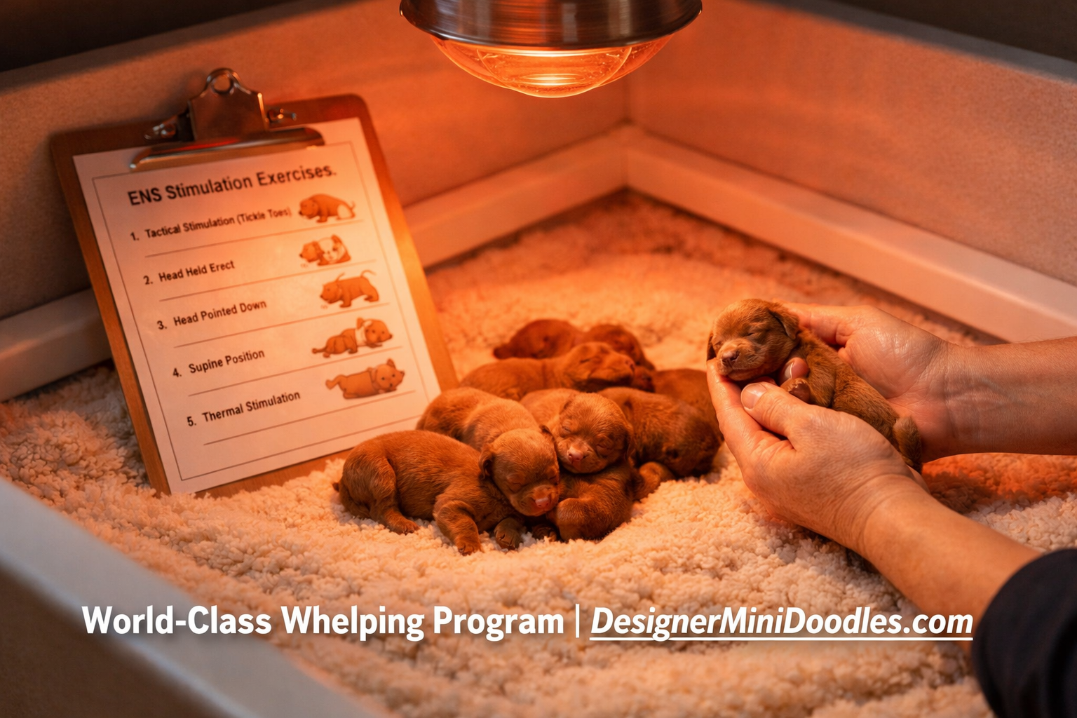 () warm editorial photo showing a newborn litter of micro mini goldendoodle puppies in a professional whelping box with soft
