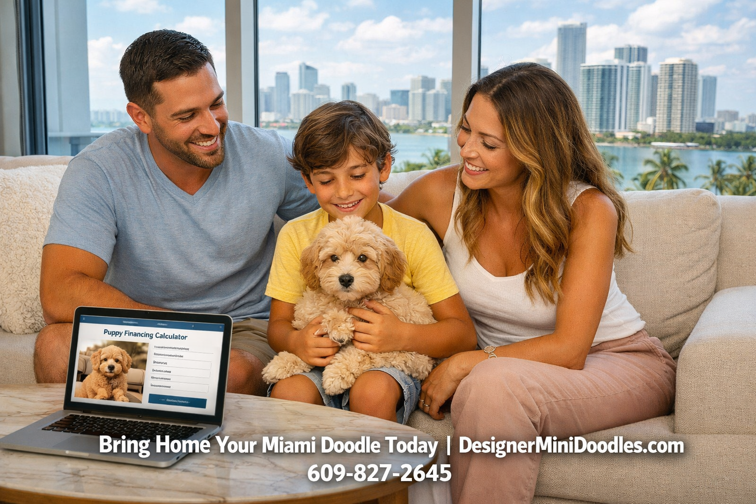 () lifestyle image showing a happy Miami family — two adults and a child — sitting in a bright modern condo living room with