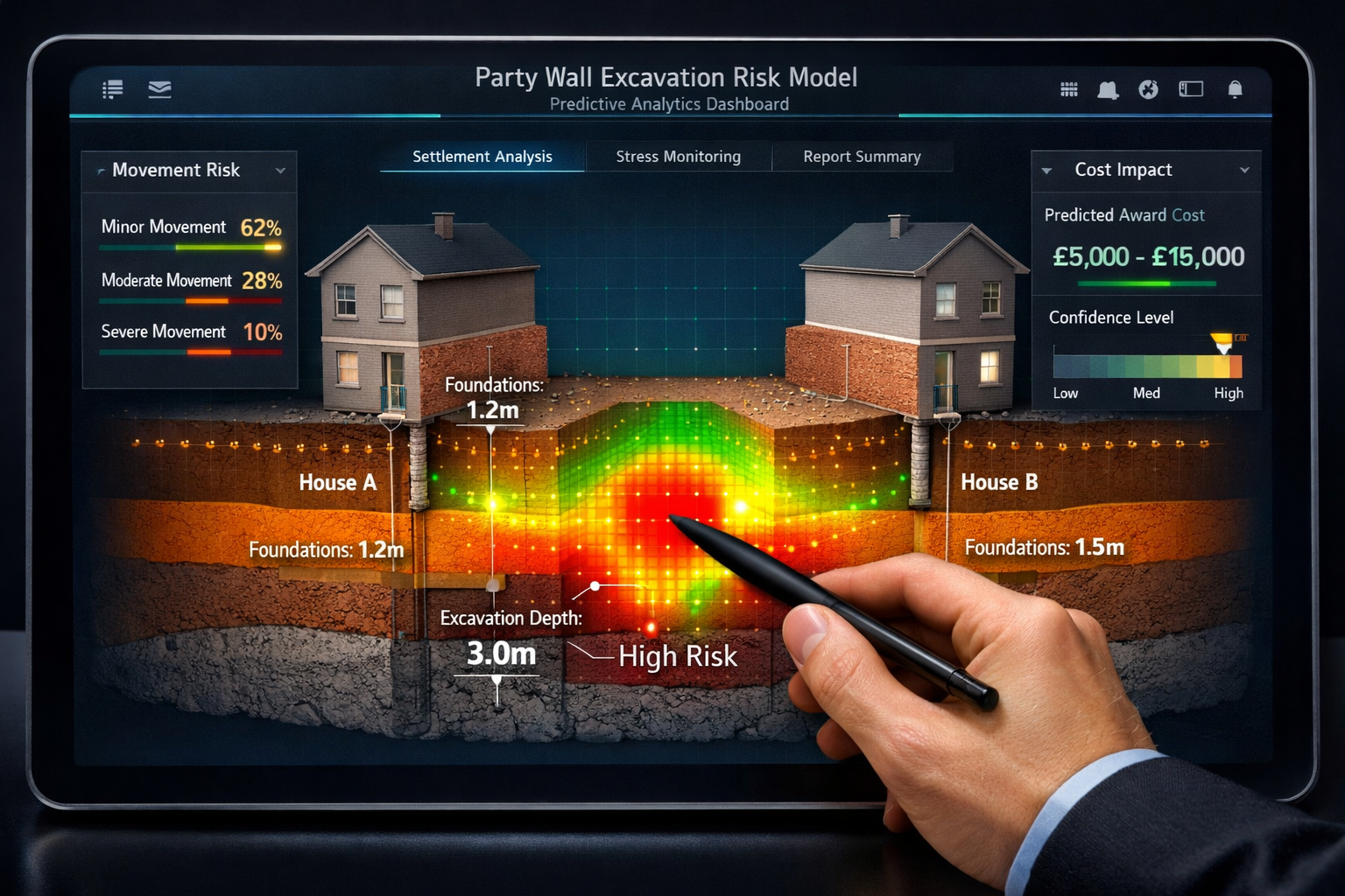 () technical visualization showing predictive analytics dashboard interface for party wall excavation risk modeling. Screen