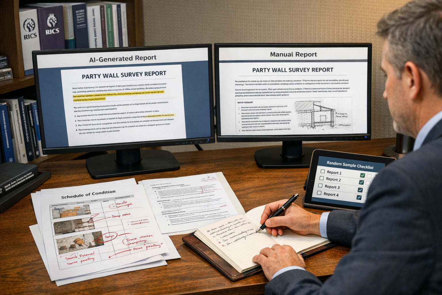() professional office scene showing RICS-accredited surveyor conducting quality assurance review of AI-generated party wall