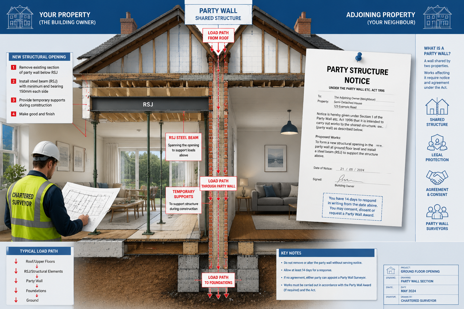 Detailed () illustration showing a split-view diagram of a party wall between two semi-detached homes. Left side shows a
