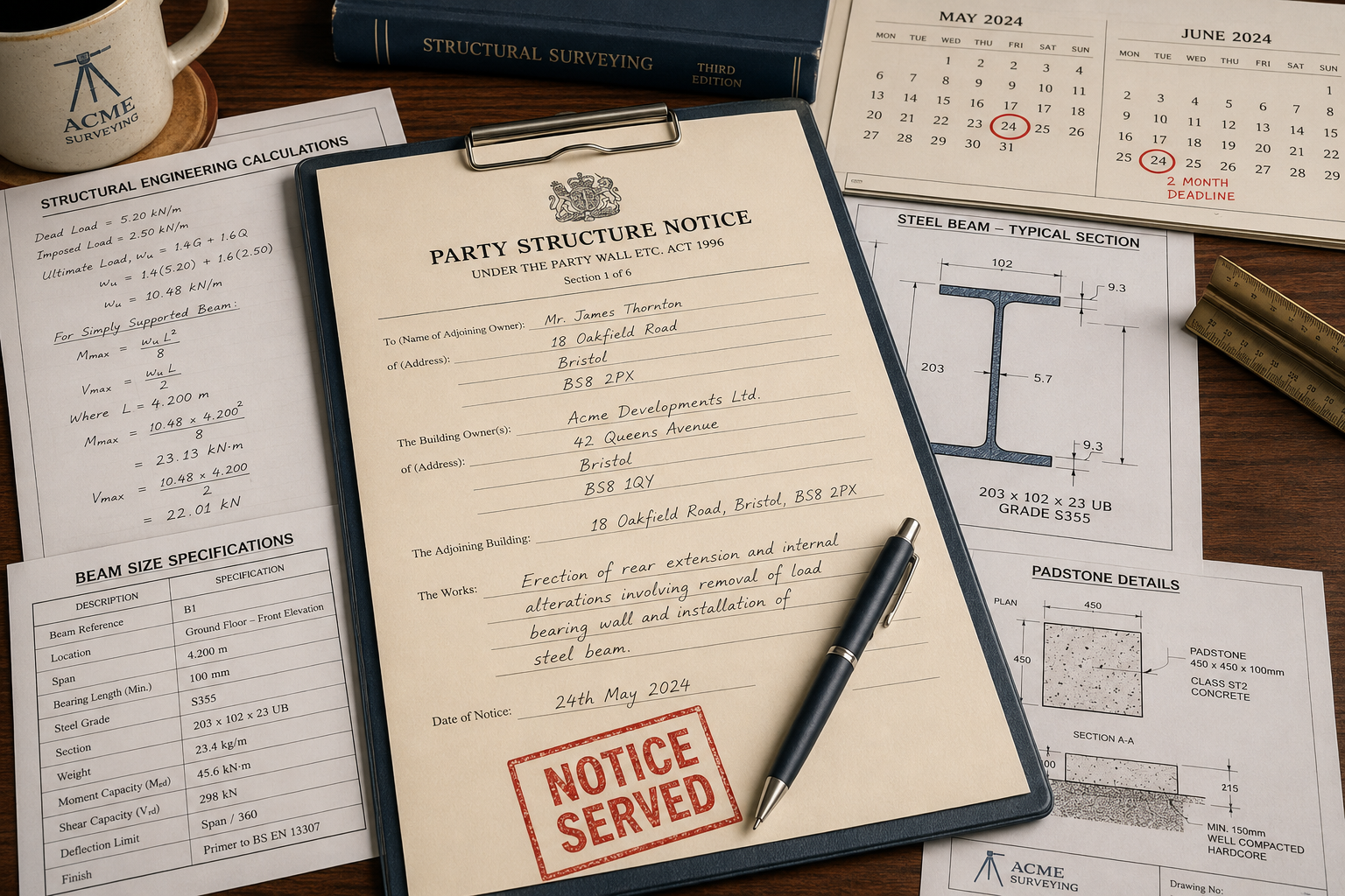 () close-up overhead shot of a professional surveyor's desk with a Party Structure Notice form, structural engineering