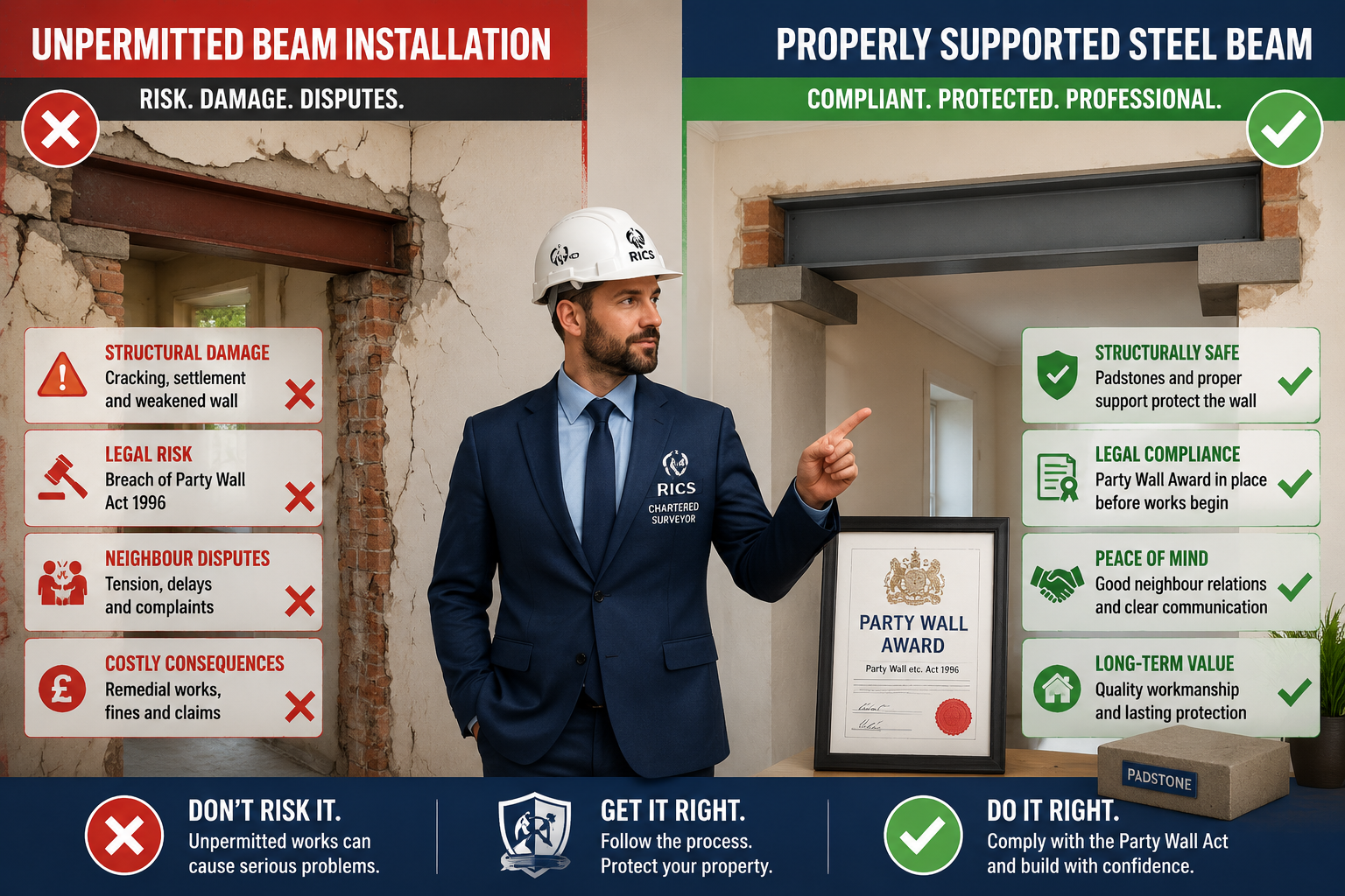 () showing a side-by-side comparison infographic style image: left panel depicts a cracked party wall with structural damage
