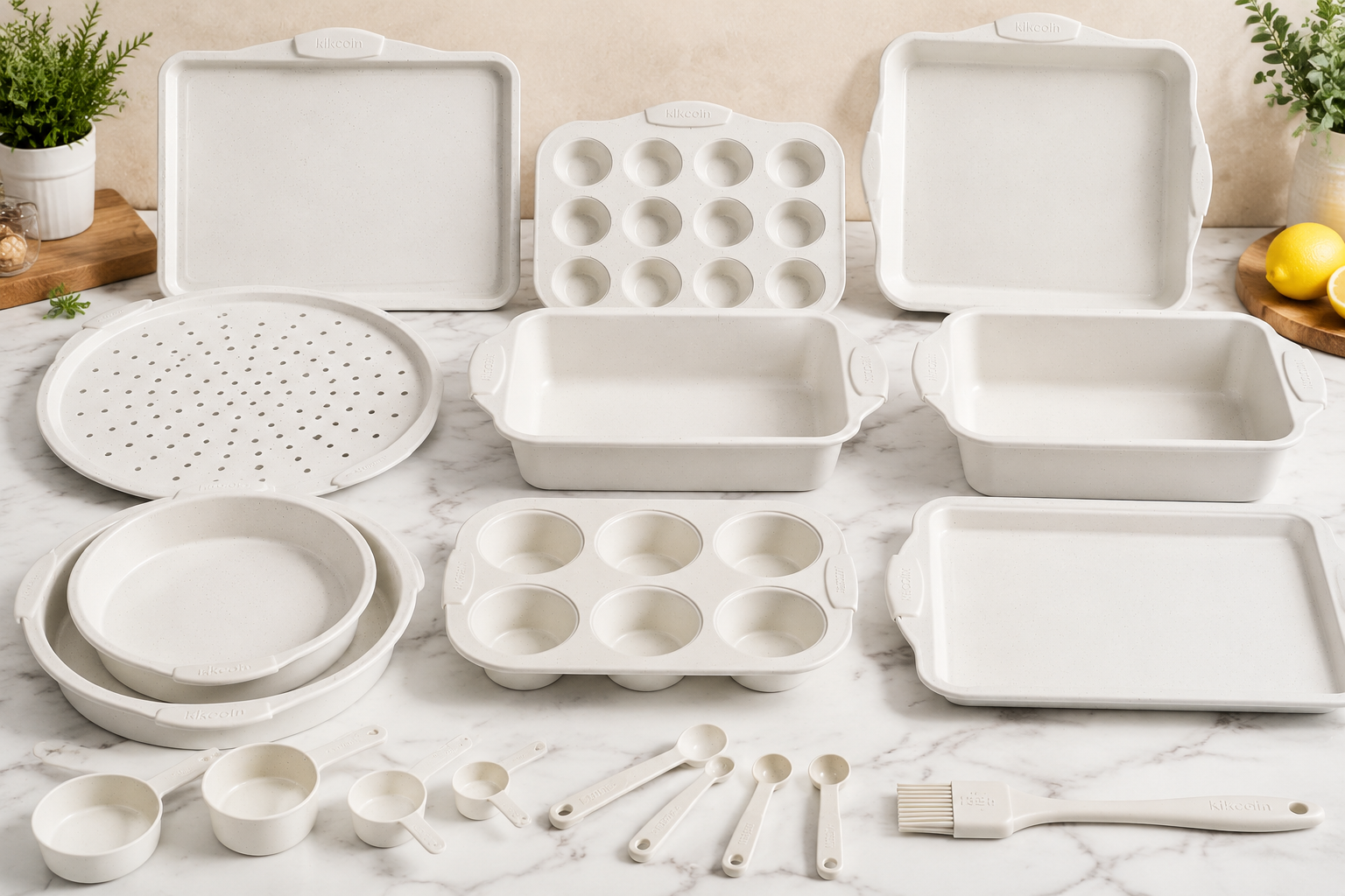 detailed showcase of Kikcoin Nonstick Stackable Bakeware 22-piece set laid out flat on a kitchen counter, cream-colored pans with silicone handles, Kikcoin branding visible, professional food photography lighting