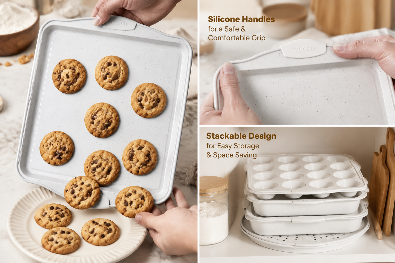 detailed showcase of Kikcoin Nonstick Stackable Bakeware highlighting key features in action — nonstick surface releasing baked cookies cleanly, silicone handles being gripped safely, stackable pans nested together for storage