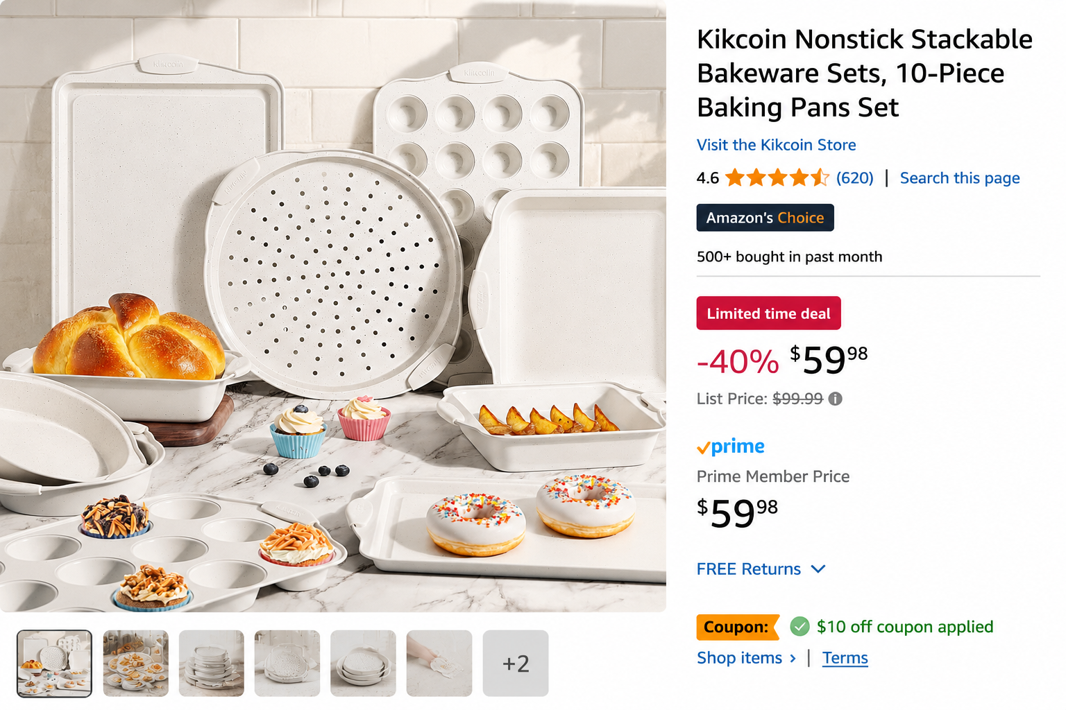 detailed showcase of Kikcoin Nonstick Stackable Bakeware showing the Amazon product listing price display: Prime Member Price $59.98 with 40% savings badge, cream-colored bakeware set product image, star rating of 4.6 shown prominently

