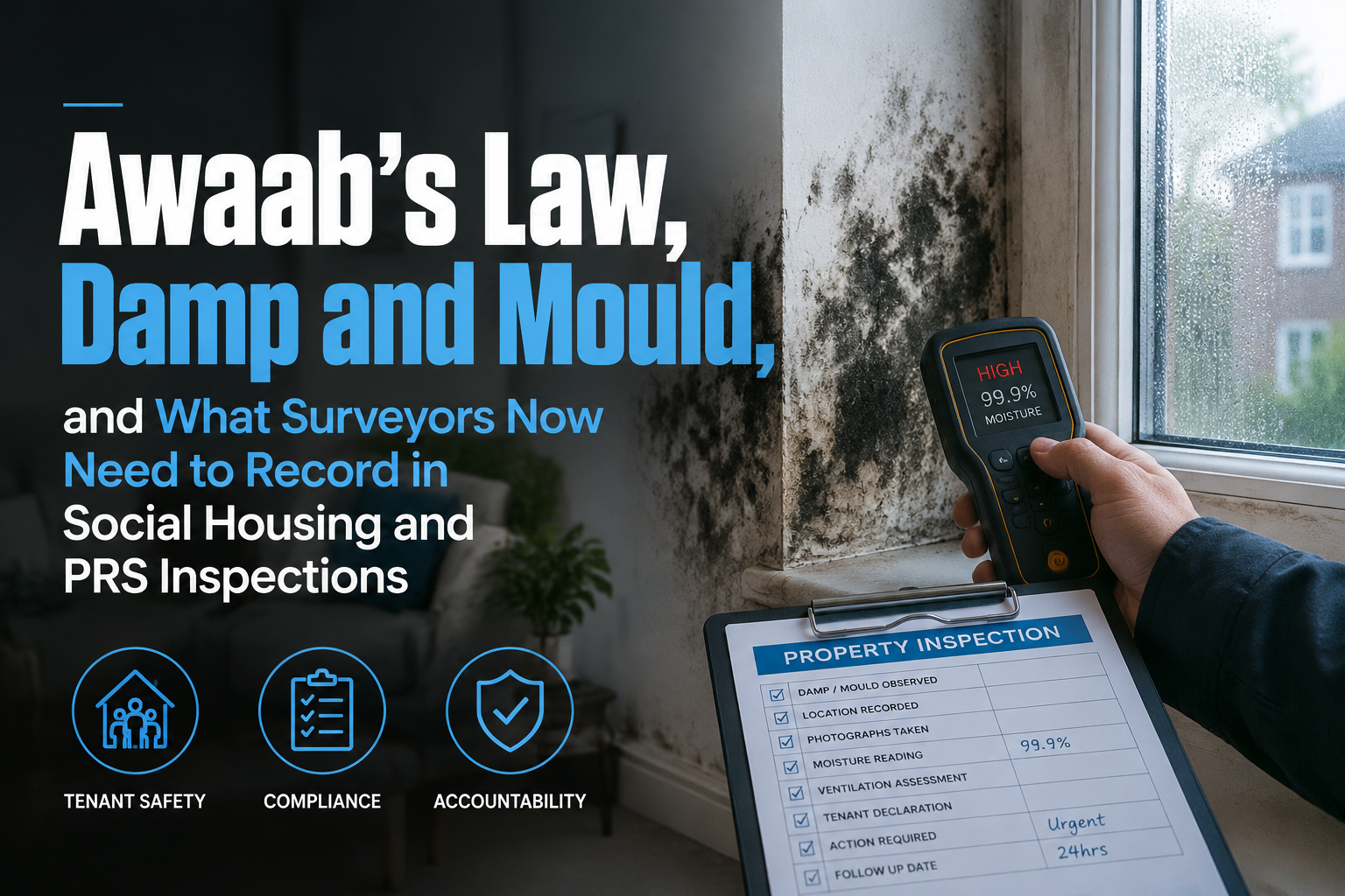 Professional landscape hero image () with : "Awaab's Law, Damp and Mould, and What Surveyors Now Need to Record in Social