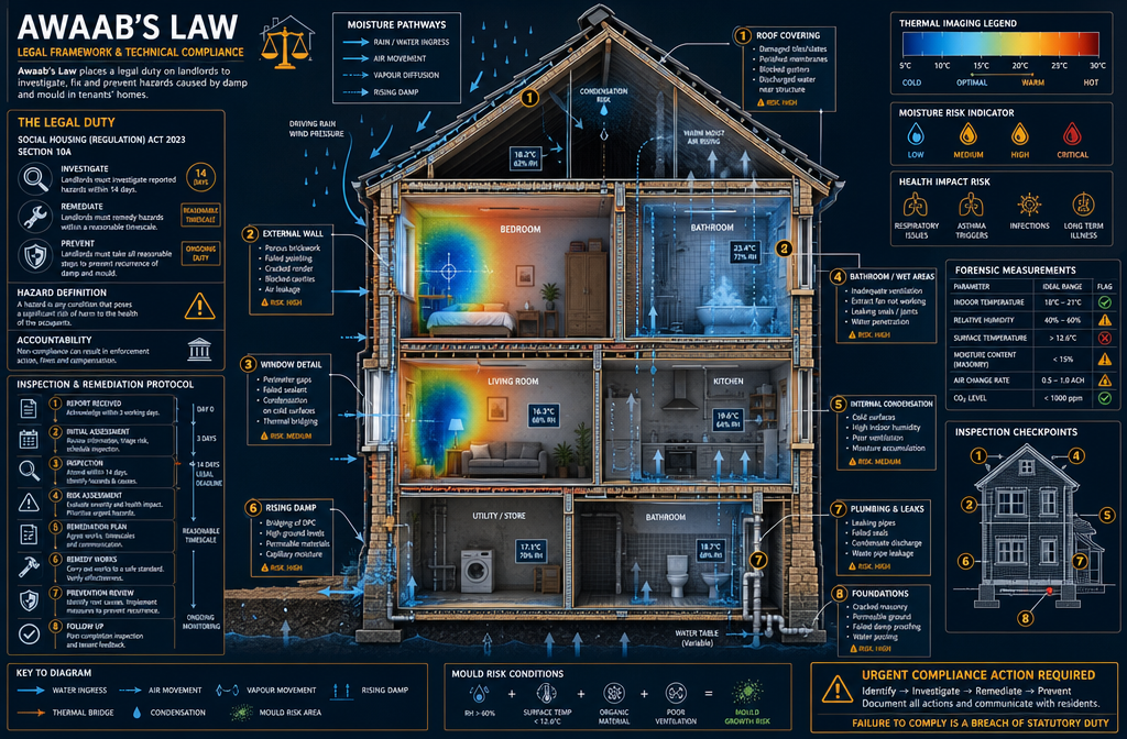 Technical illustration depicting legal framework of Awaab's Law, with architectural cross-section revealing hidden moisture