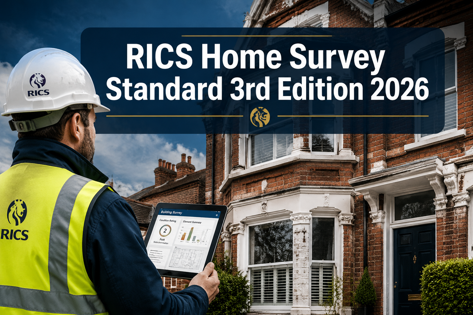 Professional () hero image with : 'RICS Home Survey Standard 3rd Edition 2026' in extra large white with dark