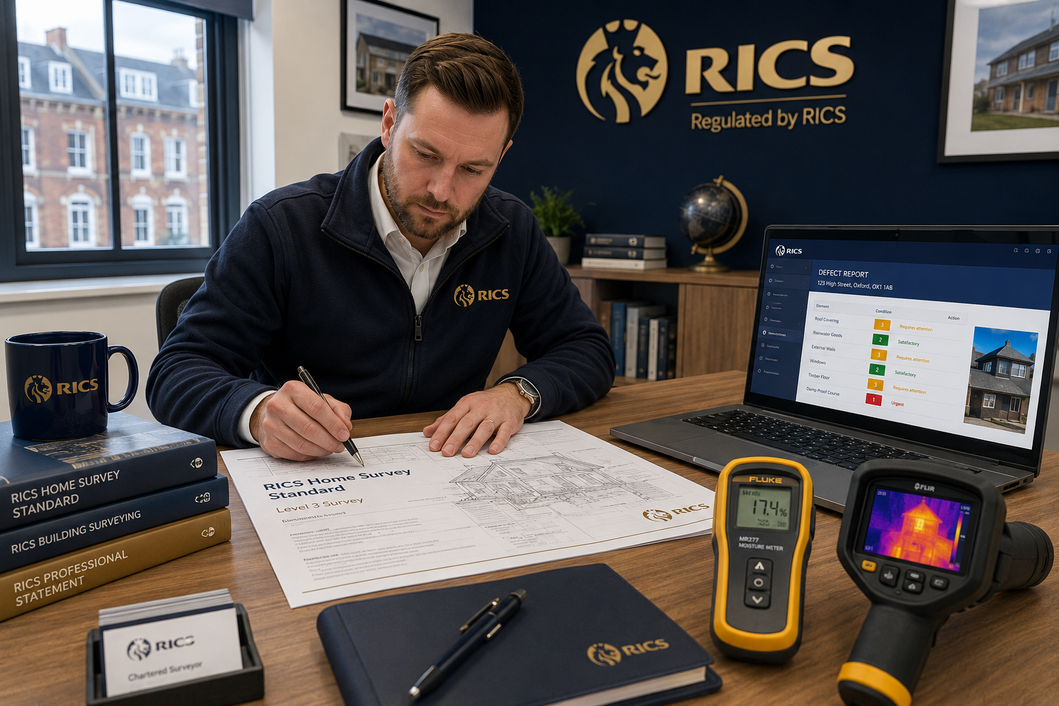 Wide-angle () showing a modern UK property survey scene: a professional RICS-accredited building surveyor at a desk