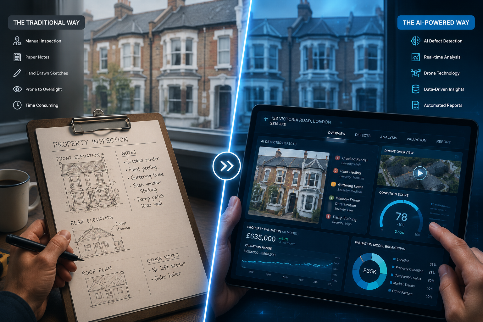 () split-screen infographic illustration: left side shows traditional clipboard-based property inspection notes with