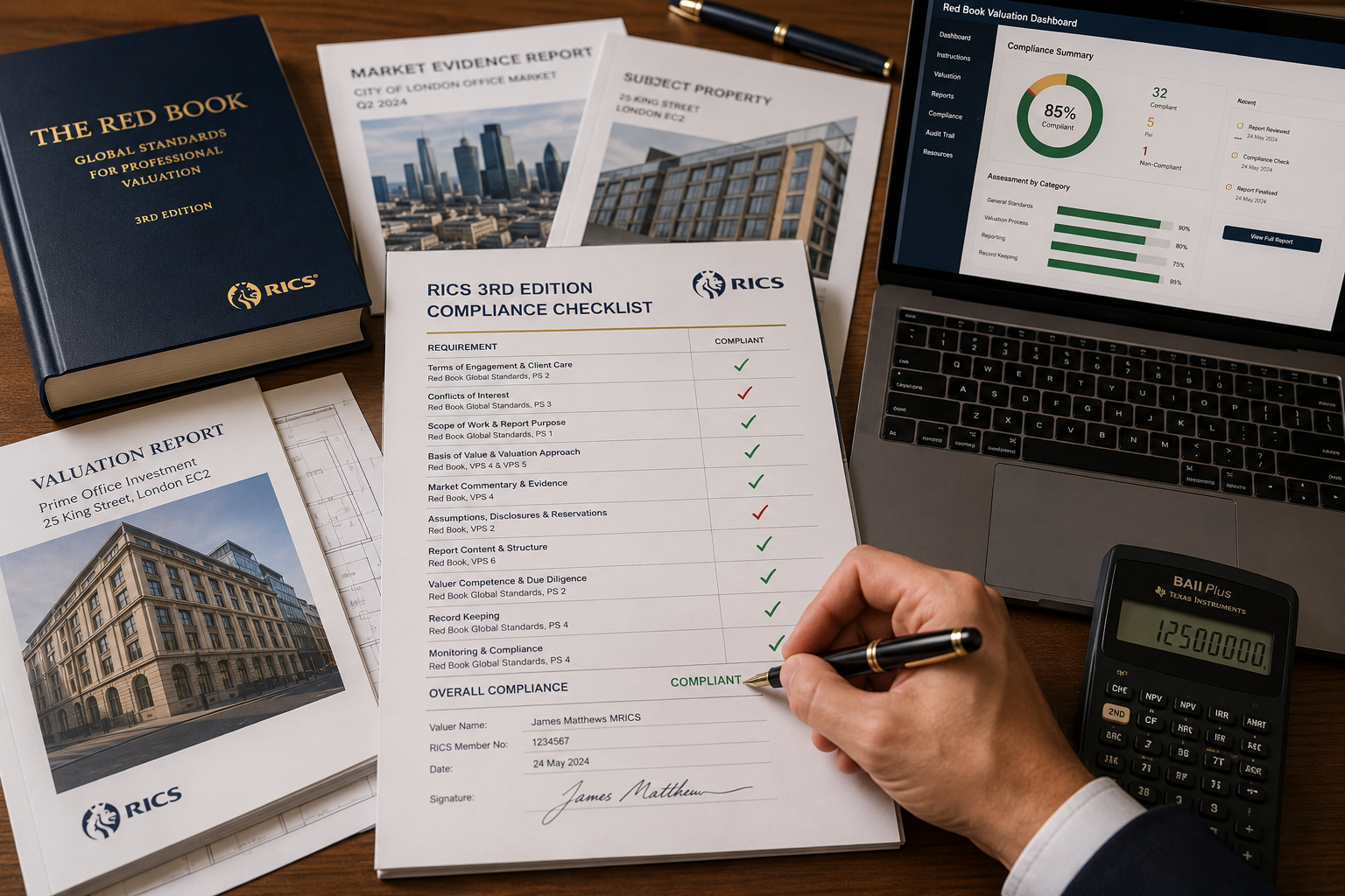 () showing a professional compliance checklist scene: close-up bird's-eye view of a surveyor's desk with a printed RICS 3rd