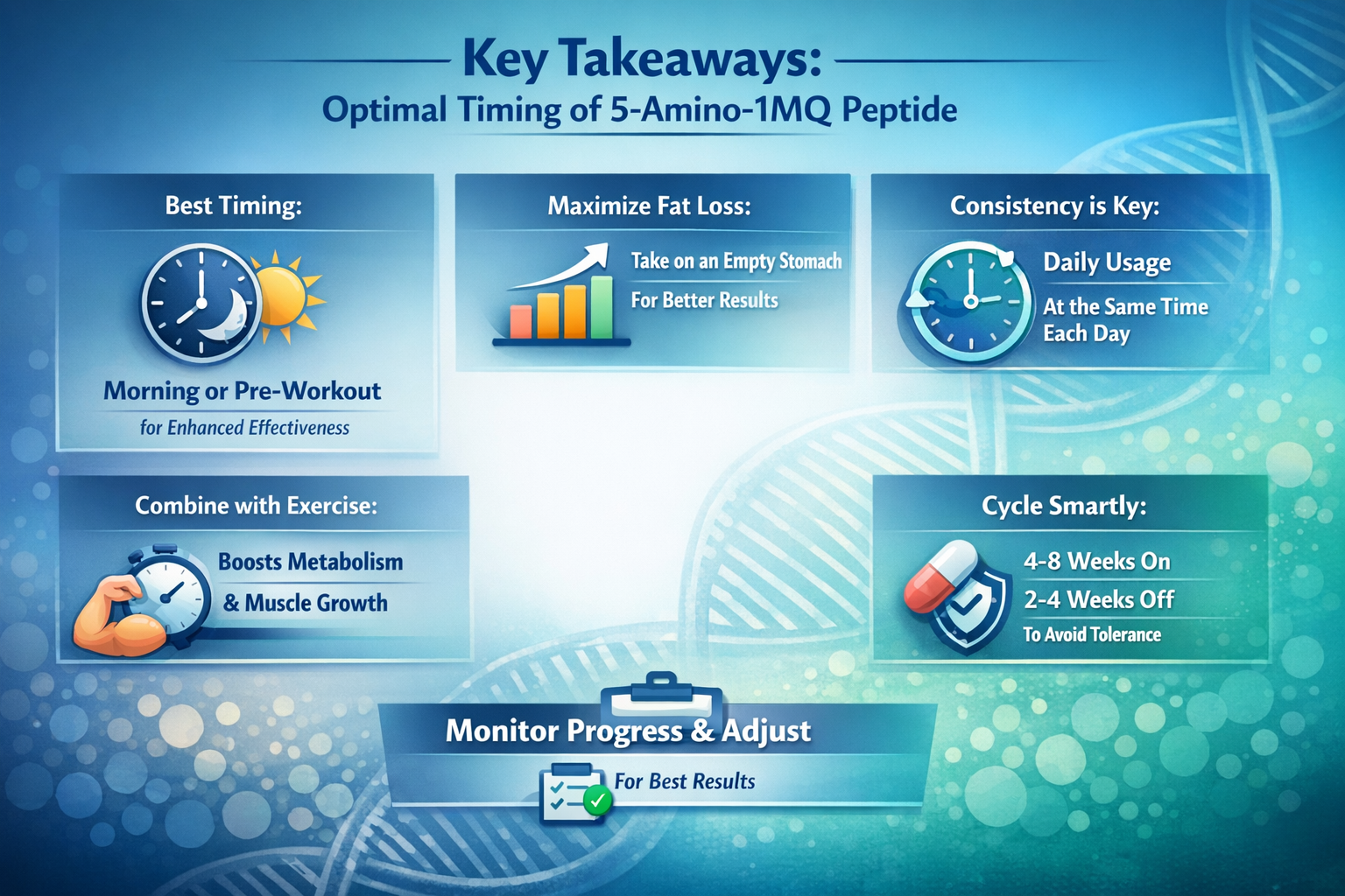 Professional landscape infographic (1536x1024) for article "Optimal Timing of 5-Amino-1MQ Peptide: A Complete Guide for Maximum Results", se