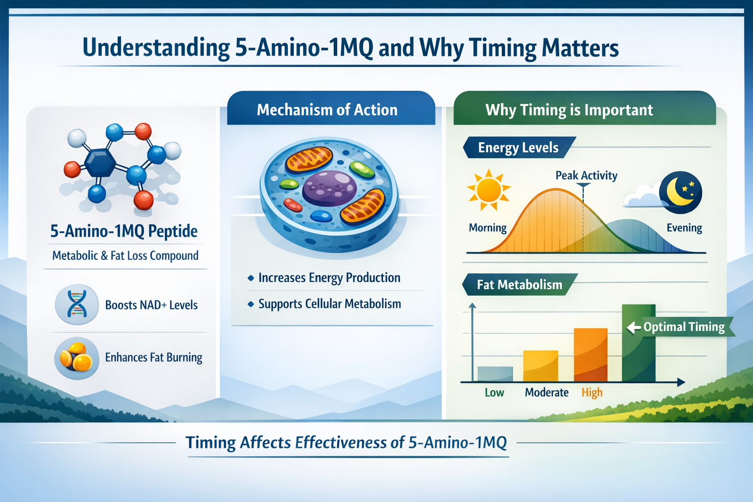 Professional landscape infographic (1536x1024) for article "Optimal Timing of 5-Amino-1MQ Peptide: A Complete Guide for Maximum Results", se