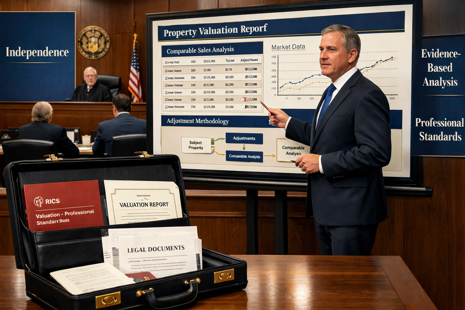 Detailed () image showing expert witness surveyor presenting evidence in formal setting, standing beside large display