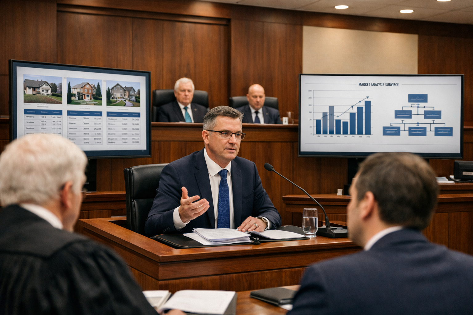 Detailed landscape format (1536x1024) image showing a professional courtroom or tribunal setting with an expert witness stand in focus. A RI
