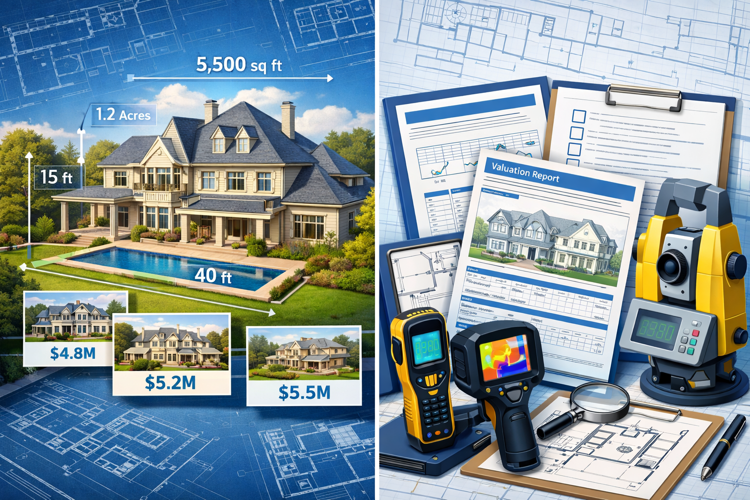 Detailed landscape format (1536x1024) technical illustration showing the RICS Red Book valuation process for mansion tax assessments. Split-