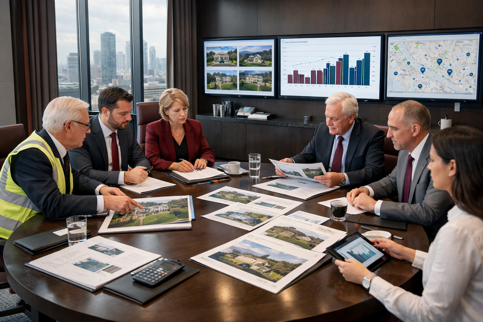 Detailed landscape format (1536x1024) image depicting a formal dispute resolution meeting in an elegant boardroom setting. Round table with 