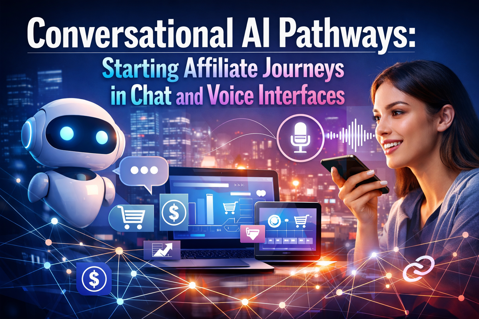 Professional landscape hero image (1536x1024) with bold text overlay: "Conversational AI Pathways: Starting Affiliate Journeys in Chat and V