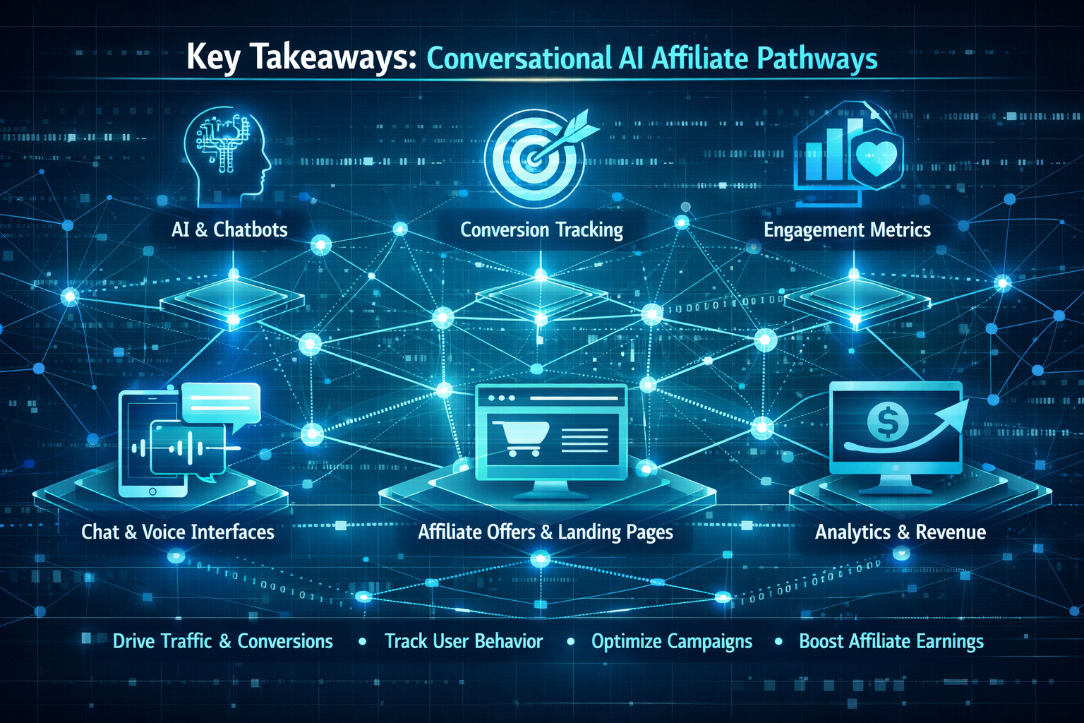 Conceptual infographic illustrating 'Key Takeaways' for Conversational AI Affiliate Pathways, featuring interconnected network diagram with 