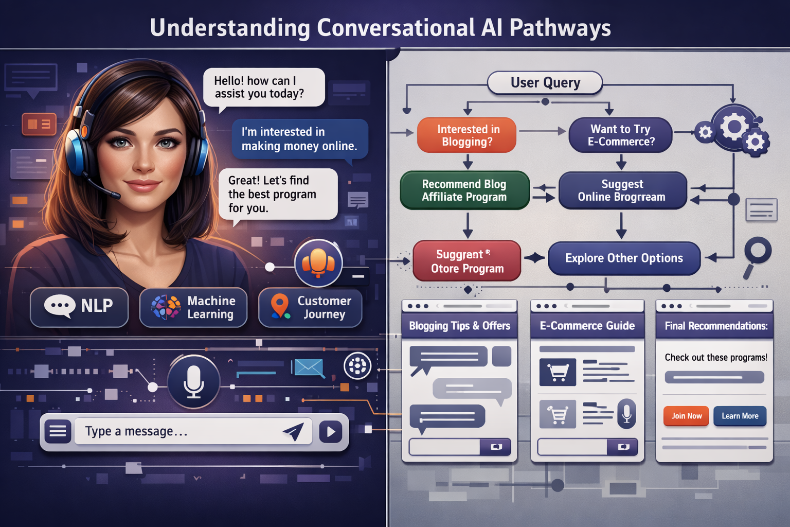 Detailed visual representation of 'Understanding Conversational AI Pathways' with split-screen composition: left side showing human-like AI 